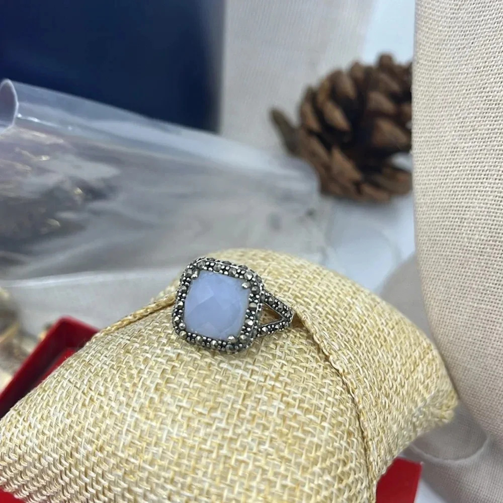 💎 Rare QVC Sterling Silver Gray Chalcedony & Marcasite Ring - Size 7
